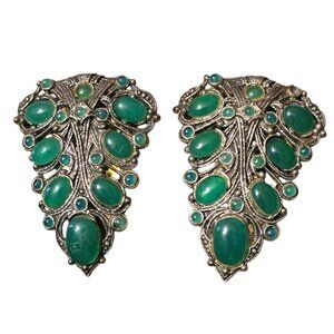 VTG Art Deco Green Leaf‎ Cabochon Dress Clips Silver Tone 1930s 40s? Estate